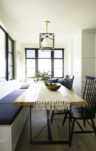 dining table with hanging light