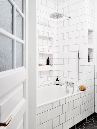 Simple bathroom with white metro tiles