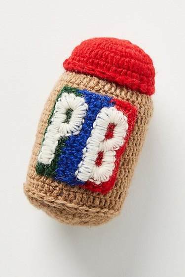 knit dog toy with letters P and B