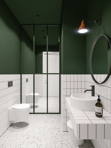 white tile bathroom backsplash with dark grout