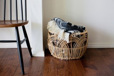 Close up of decorative basket on hardwood floors