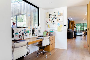 blonde wood floor, home office