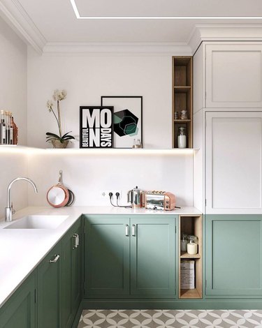 two-tone kitchen color idea with white and sage two-tone kitchen