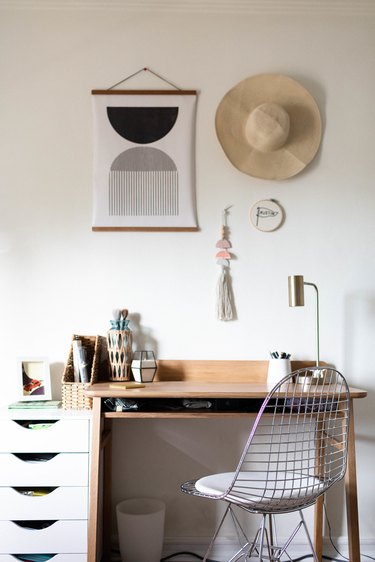 desk with hanging decor