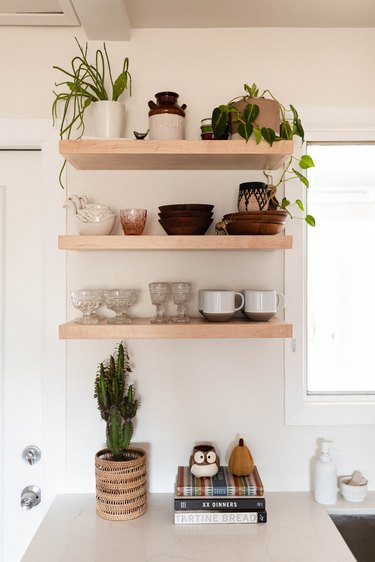 wooden shelves in kitchen