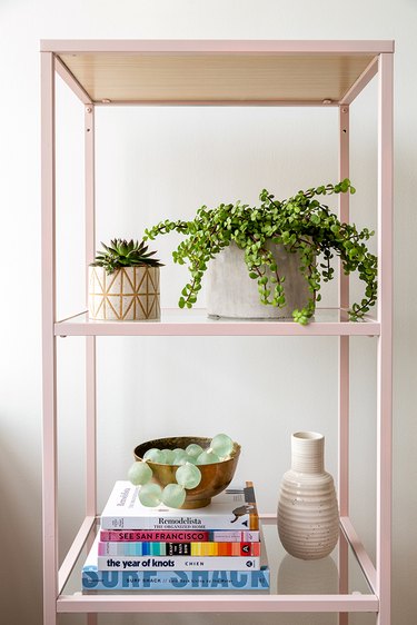 IKEA metal shelf spray painted with blush pink chalk paint