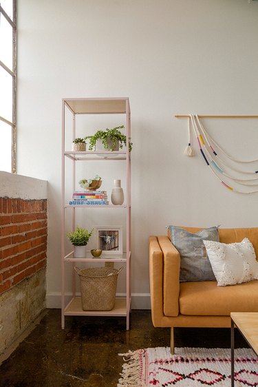 IKEA metal shelf in bohemian living room