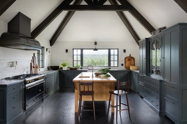 farmhouse kitchen island idea with light wood in gray kitchen