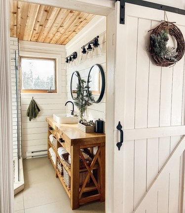 wood ceiling and shiplap in small farmhouse bathroom idea