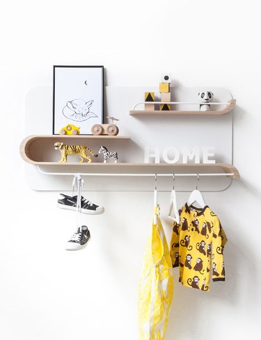 Blonde wood shelving with neon yellow accents
