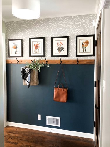 blue farmhouse entryway idea with patterned wallpaper