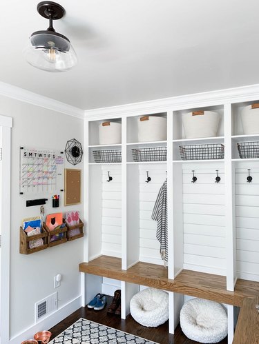 modern farmhouse entryway with mudroom storage