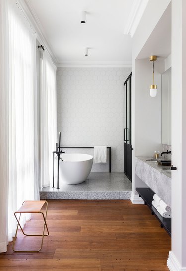 split level contemporary bathroom in black, white, gray