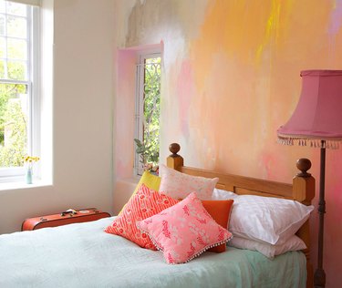 abstract wall mural on bedroom wall