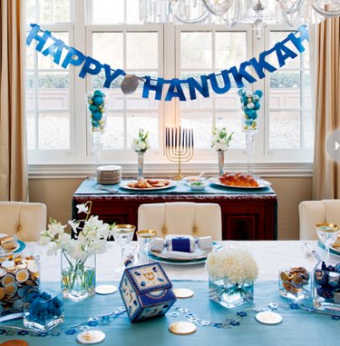 blue and white hanukkah tablescape