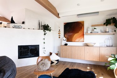 modern living room with buffet cabinets and hardwood floors