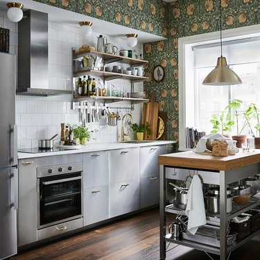 stainless steel IKEA kitchen cabinets in kitsch kitchen