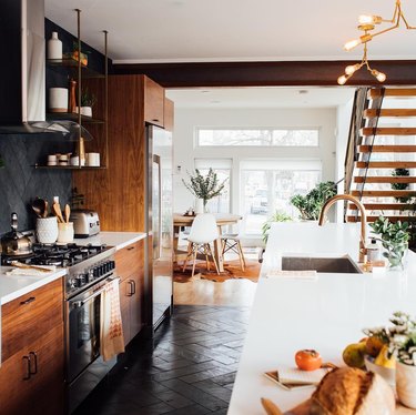 black slate backsplash in modern rustic kitchen