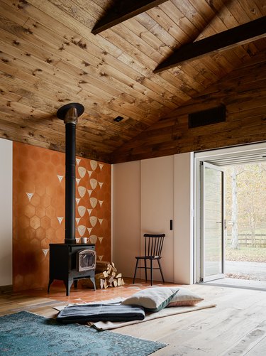 renovated barn with wood stove fireplace