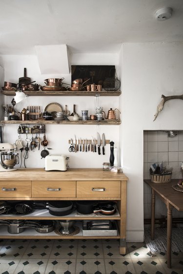 freestanding kitchen cabinet in neutral vintage kitchen
