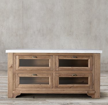 wood and marble freestanding kitchen cabinet from Restoration Hardware