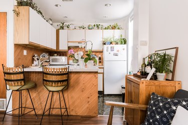 kitchen with white cabinets and plants atop them