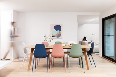 colorful chairs around dining table