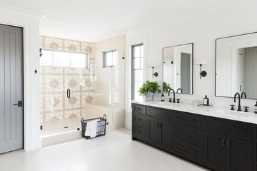 shower window idea with neutral patterned shower tile in walk-in shower