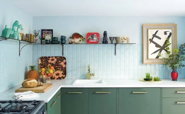duck egg blue and olive green kitchen color idea with white countertops