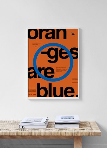 modern art print in blue, orange, and black typography