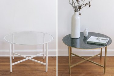 IKEA glass table makeover using marble paper and gold paint.