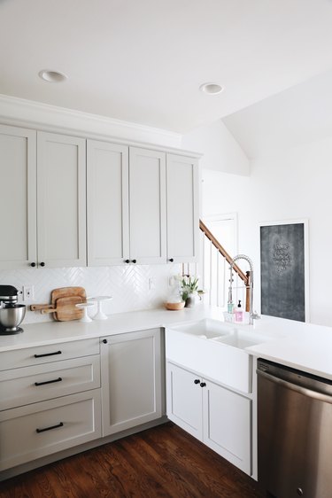 gray kitchen cabinets with farmhouse sink