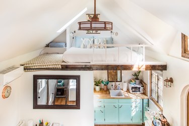 interior of tiny house with lofted sleeping space