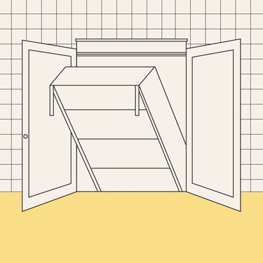 An illustration showing a Murphy bed coming out of a closet in a bedroom with a yellow floor and checked walls.