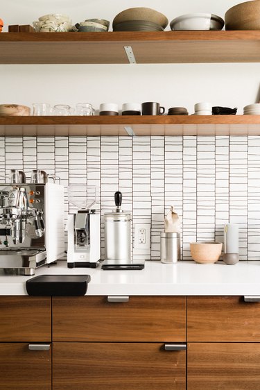 White tile backsplash in kitchen