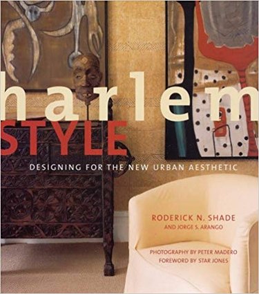book with the title "harlem style: designing for the new urban aesthetic" with image of an interior featuring a beige chair