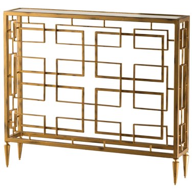 Hollywood Regency furniture console table with geometric brass detailing and glass top