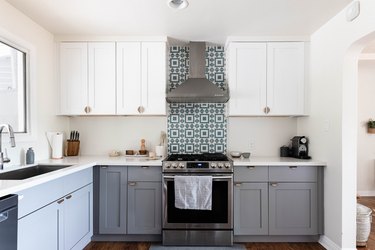 Monochrome kitchen with white and grey cabinets and chrome cabinet hardware