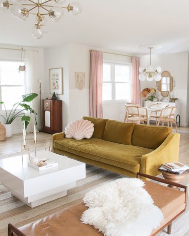 Scandinavian colors with blush and yellow living room