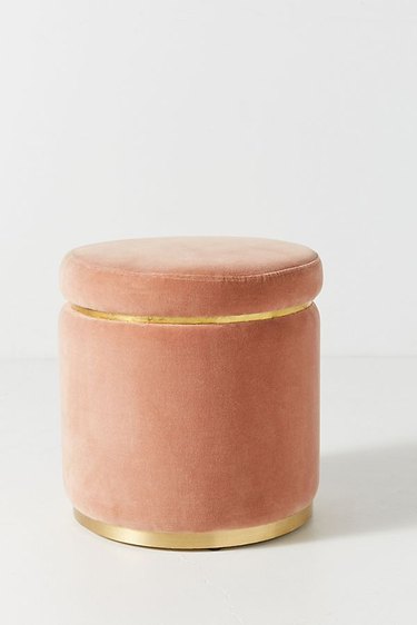 Hollywood Regency furniture pink velvet stool with brass accents
