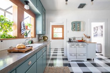 Black and white plaid vinyl modern kitchen flooring in modern vintage kitchen