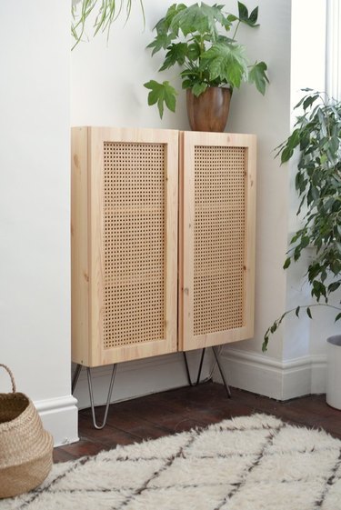 Wood cabinet with cane doors, with fuzzy white and black rug and plants.