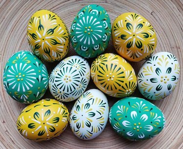 eggs decorated in various colors and patterns
