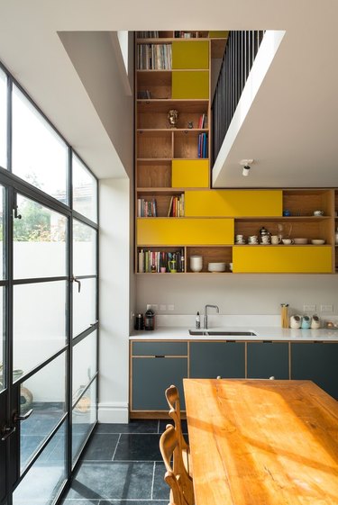 bright, colorful London kitchen with open storage