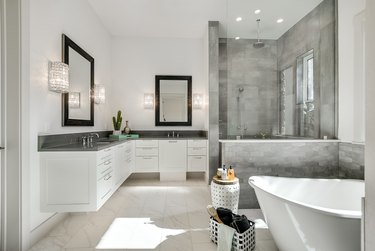 L-shaped vanity with gray worktops