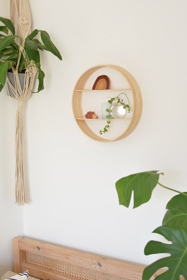 Round wooden circle wall shelf next to hanging plant.