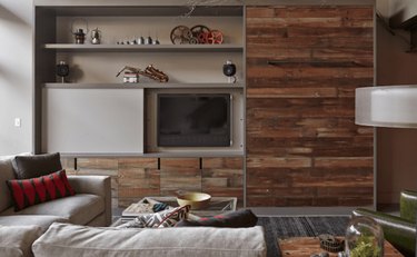 family room ideas with TV with reclaimed wood panelling