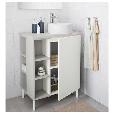 modern bathroom vanity cabinet with open storage