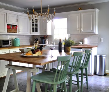farmhouse kitchen island ideas for small kitchens with painted green chairs