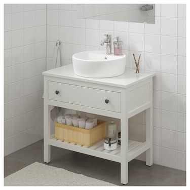 modern bathroom vanity with bowl sink and open shelf